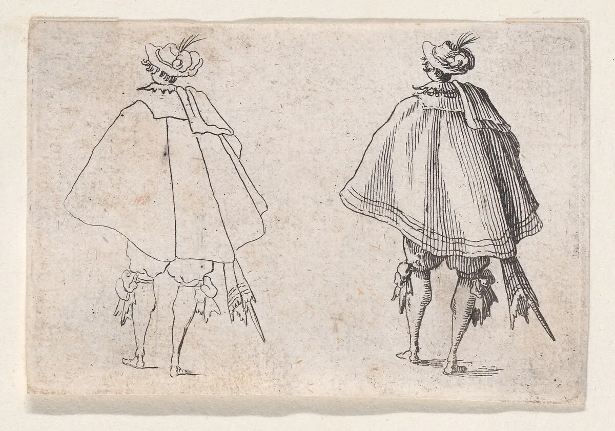 Reverse Copy of Le Gentilhomme au Grand Manteau, Vu de Dos (Gentleman with a Large Mantle, Viewed from Behind), from "Les Caprices" Series A, The Florence Set — Jacques Callot|Anonymous