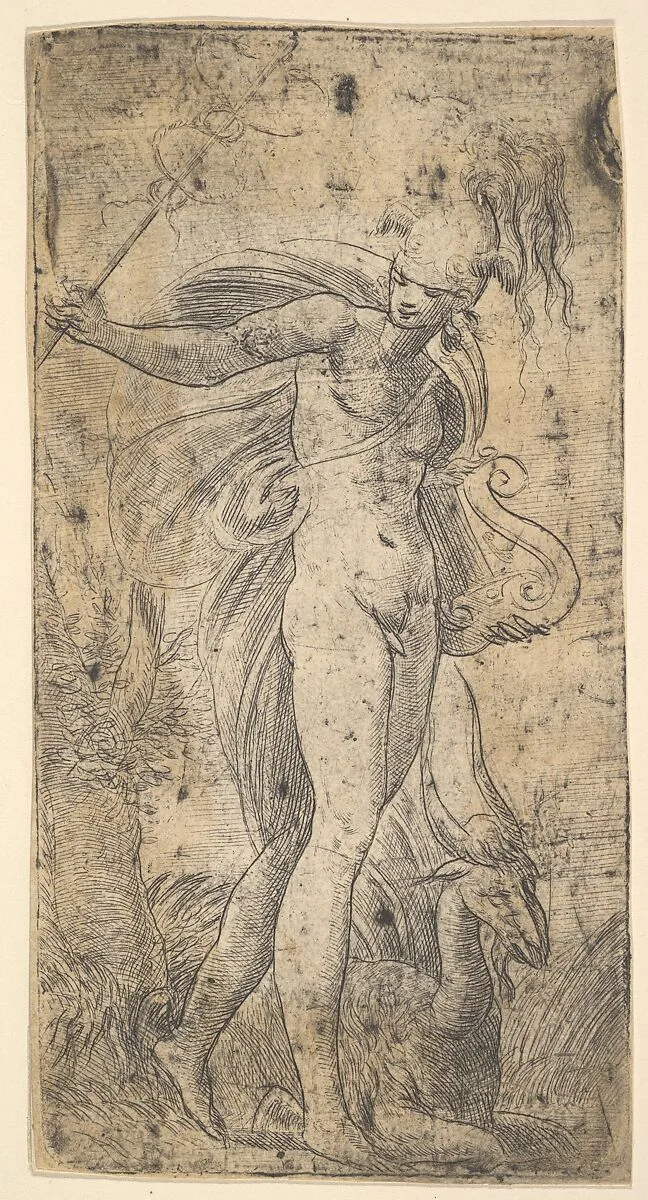 Mercury standing holding a cadecus in his right hand, a lyre in his left — Andrea Schiavone (Andrea Meldola)