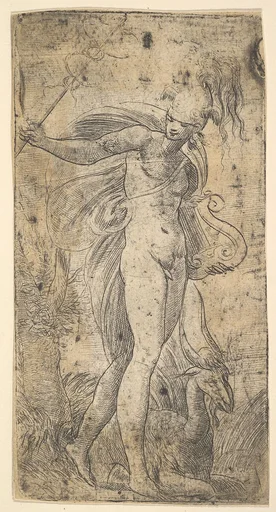 Mercury standing holding a cadecus in his right hand, a lyre in his left