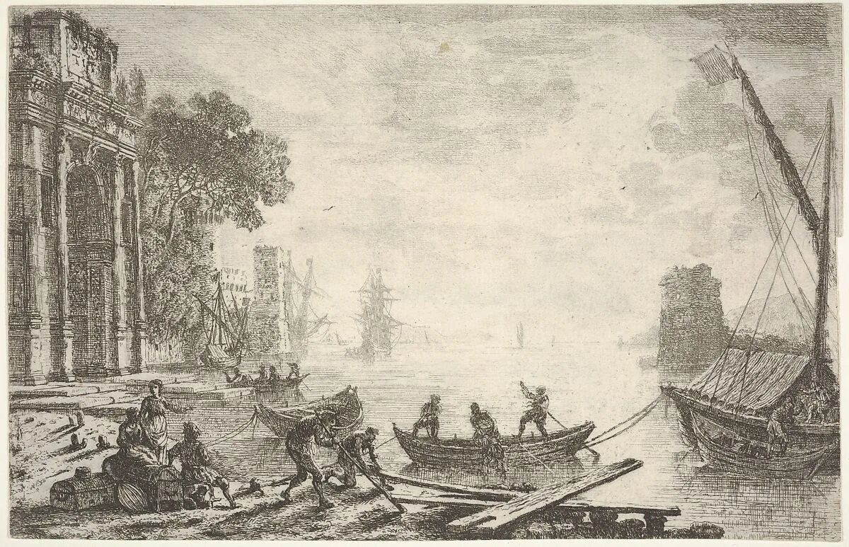 Harbor with rising sun, figures in foreground, colonnade on left — Claude Lorrain (Claude Gellée)