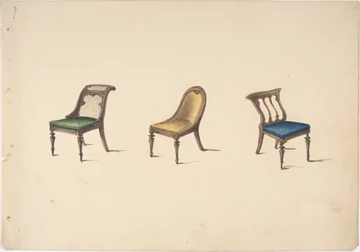 Design for Three Chairs with Slanted Backs, Green, Yellow and Blue Upholstery