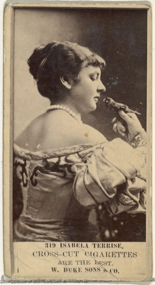 Card Number 319, Isabella Terrise, from the Actors and Actresses series (N145-3) issued by Duke Sons & Co. to promote Cross Cut Cigarettes — W. Duke, Sons & Co.