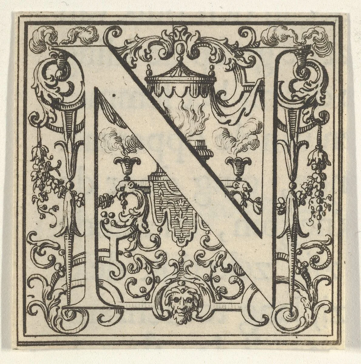 Roman Alphabet letter N with Louis XIV decoration — Bernard Picart