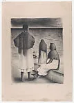 Three woman in traditional Mexican dress, one seated, two standing by the ocean — Francisco Dosamantes, Mexican