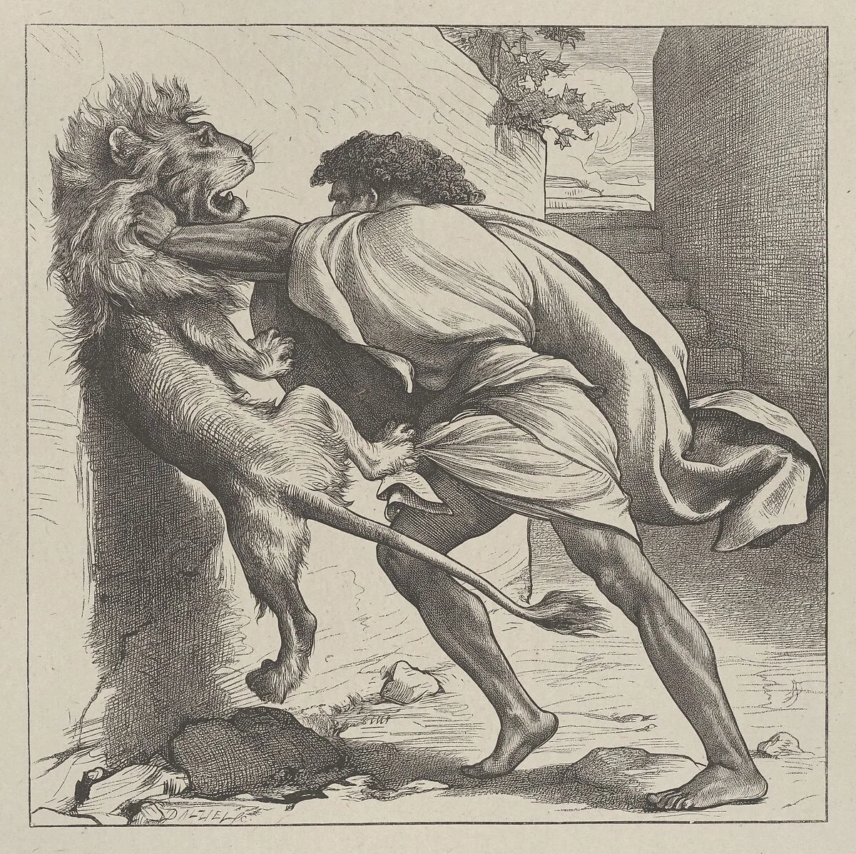 Samson and the Lion, from "Dalziels' Bible Gallery" — Camden Press|Scribner and Welford|Dalziel Brothers|Frederic, Lord Leighton