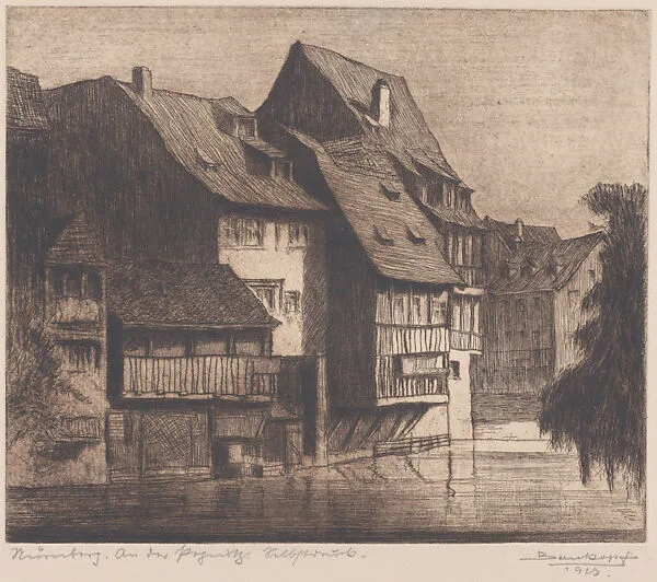 Houses along the Pegnitz River, Nuremberg — Anonymous, German, 20th century
