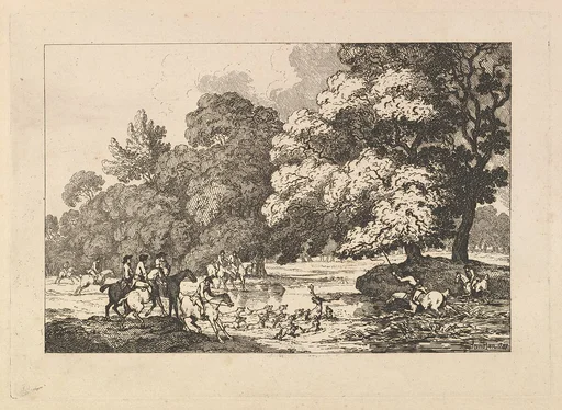 Deer Hunting – A Landscape Scene with Stag and Hounds in a River