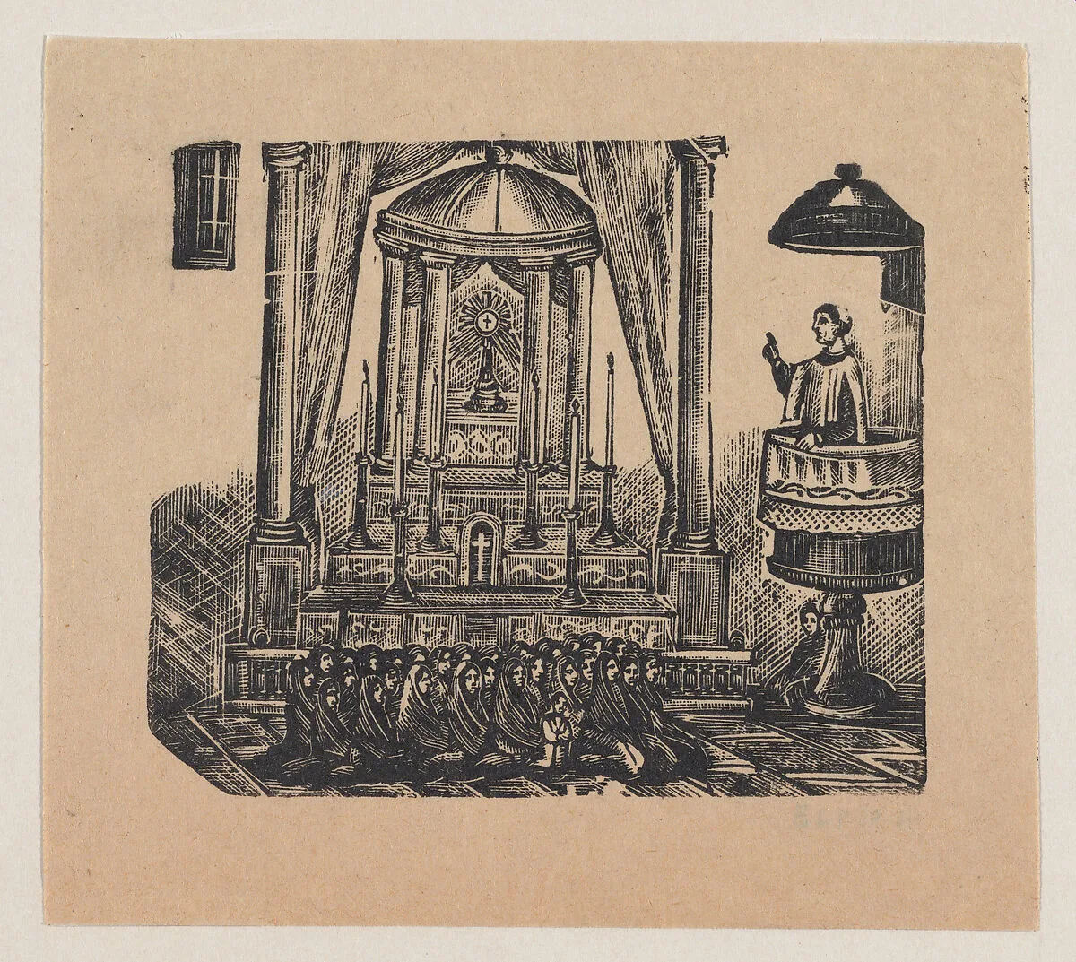 A priest conducting mass from a pulpit for women dressed in black — Manuel Manilla|José Guadalupe Posada