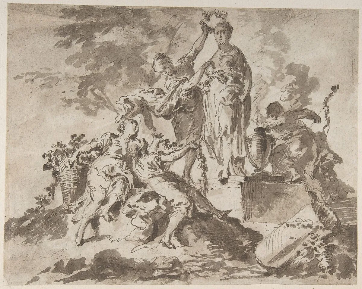 Nymphs Adorning the Statue of a Goddess (recto); River God with Three Nymphs (verso) — Anonymous, Italian, Venetian, 18th century