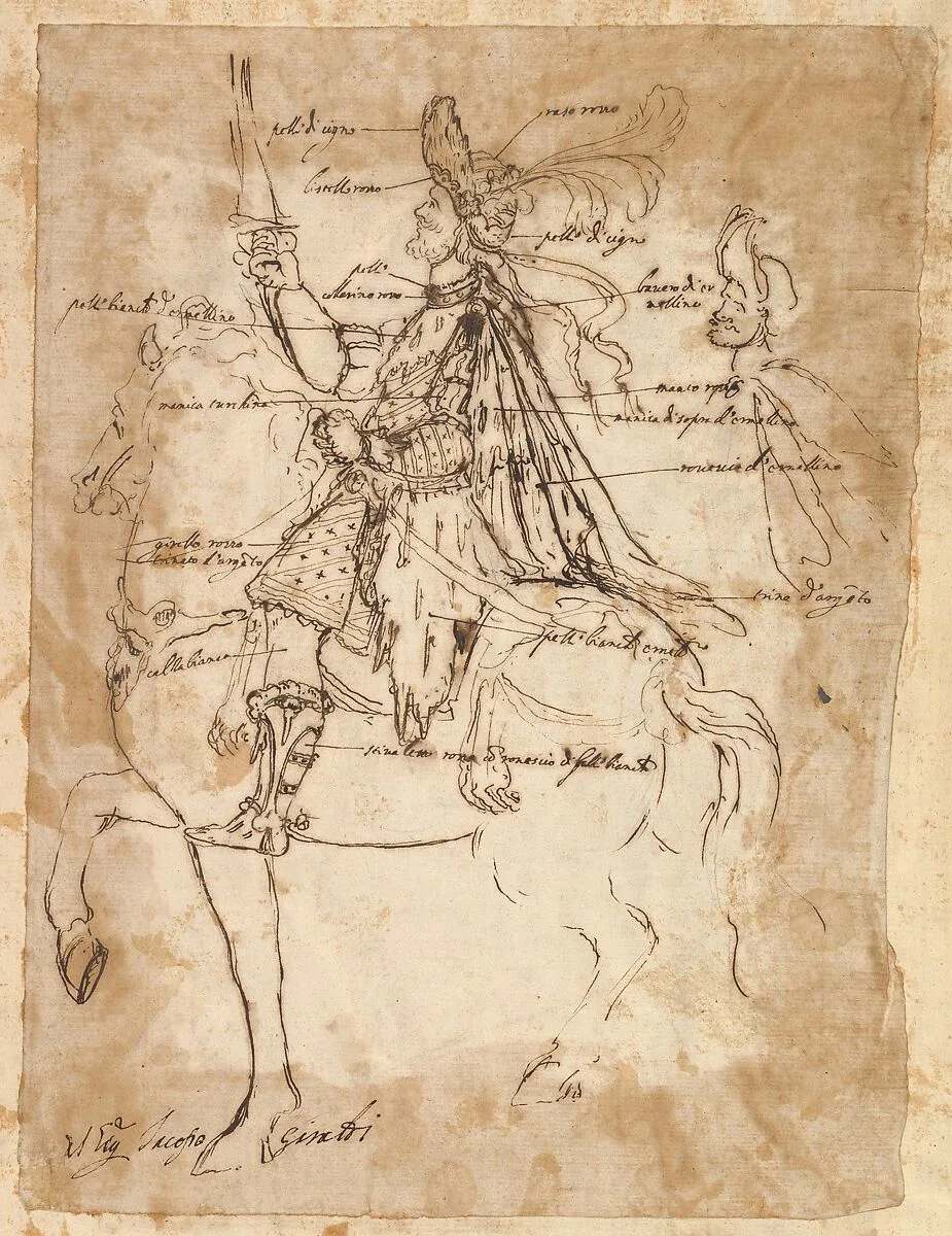 Costume design for Jacopo Giraldi, depicted on horse back — Baccio del Bianco