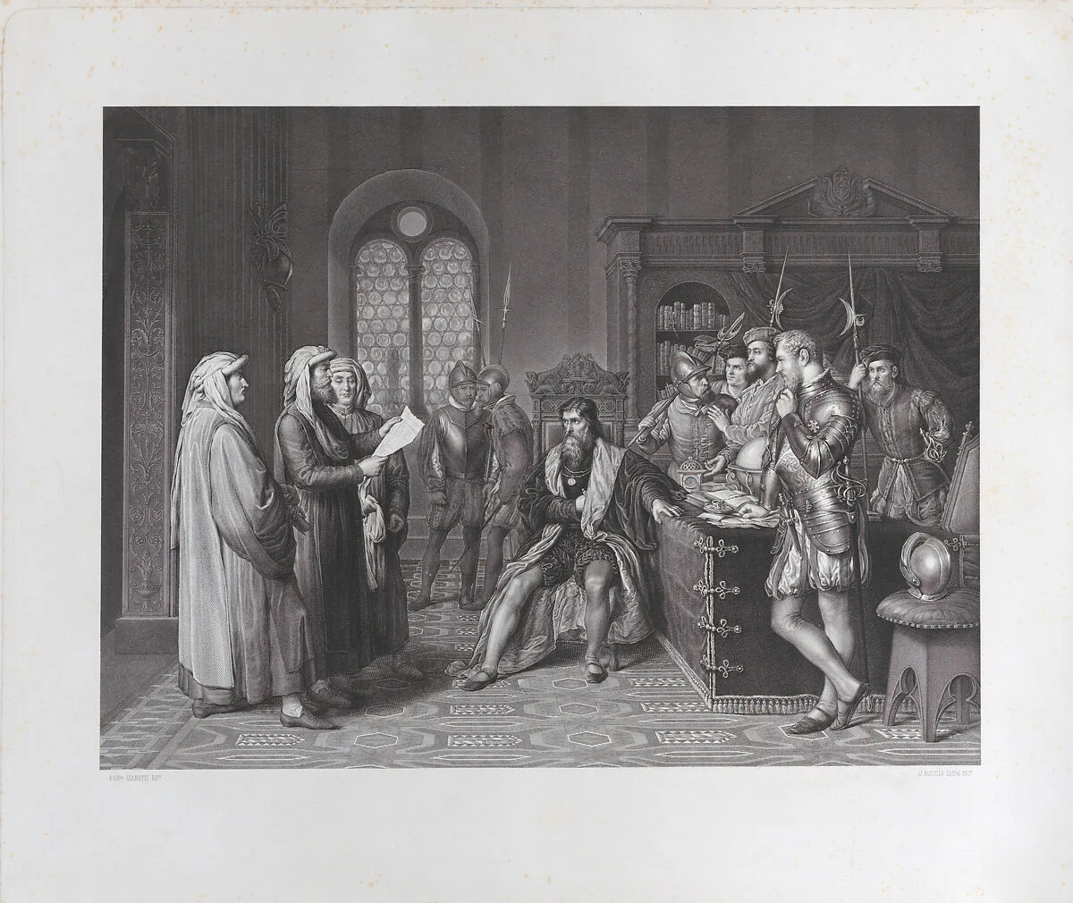 Scene with Columbus (?) at center, soldiers at right, and men in robes at left — Raffaele Giannetti|Luigi Boscolo