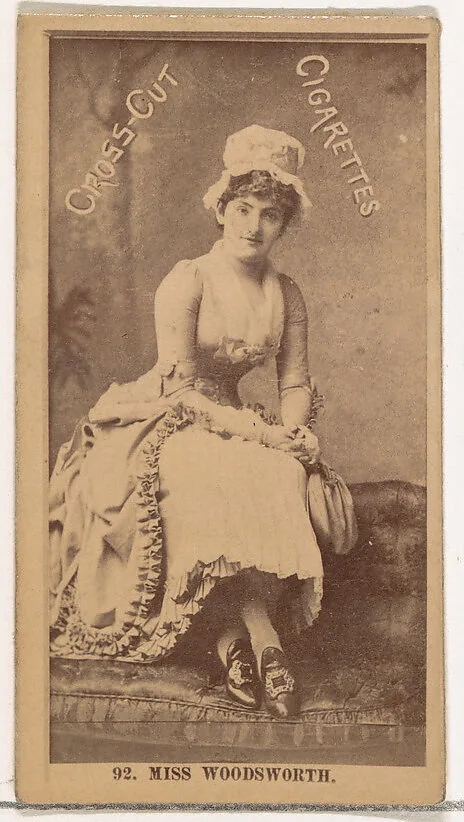 Card Number 92, Miss Woodsworth, from the Actors and Actresses series (N145-2) issued by Duke Sons & Co. to promote Cross Cut Cigarettes — W. Duke, Sons & Co.