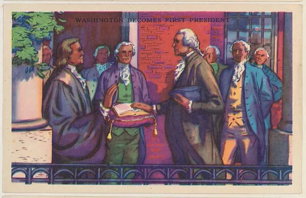 Washington Becomes First President, bakery card from the Frontiers of Freedom series (D39-4), issued by the Gordon Bread Company — Gordon Bread Company