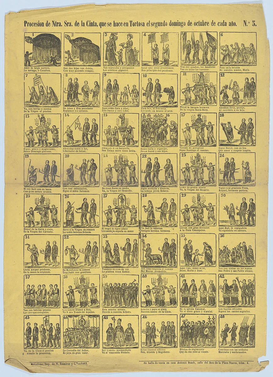 Broadside with 48 scenes relating to the procession of Our Lady of Cinta (Tortosa) — Antonio Bosch|N. Ramírez y Compañia|José Noguera