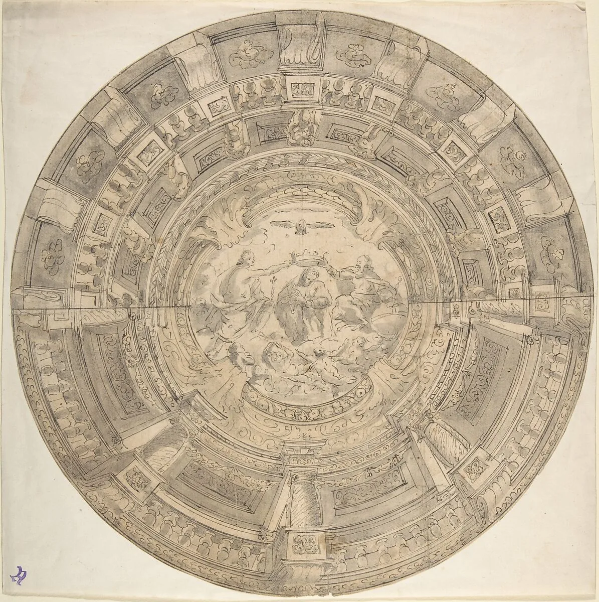 Trompe L'Oeil Ceiling with the Coronation of the Virgin and a Variant for the Decoration — Anonymous, Italian, 17th century