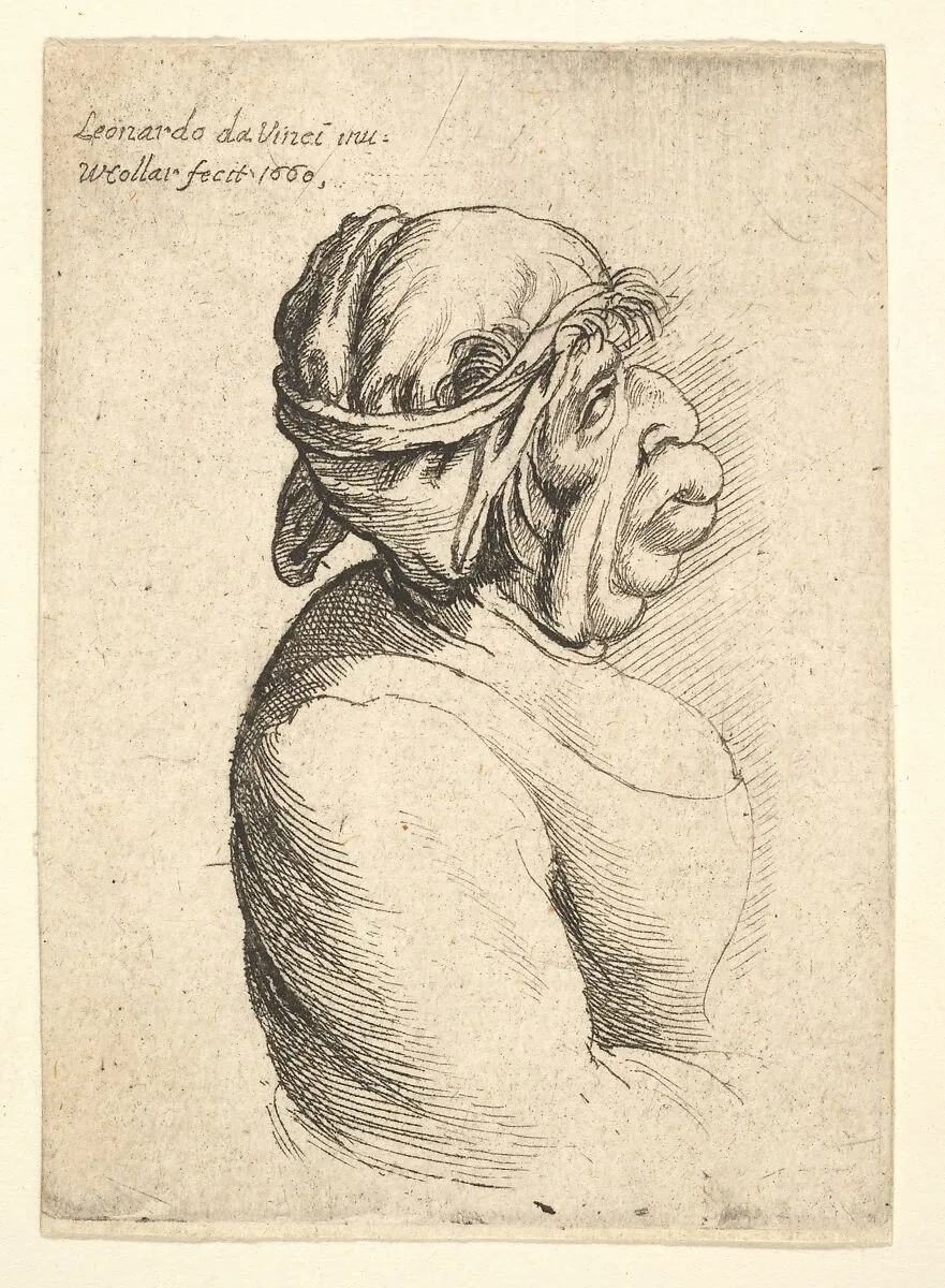 Bust of woman with protruding mouth wearing low-cut dress and cloth bound around her head, in profile to right — Leonardo da Vinci|Wenceslaus Hollar
