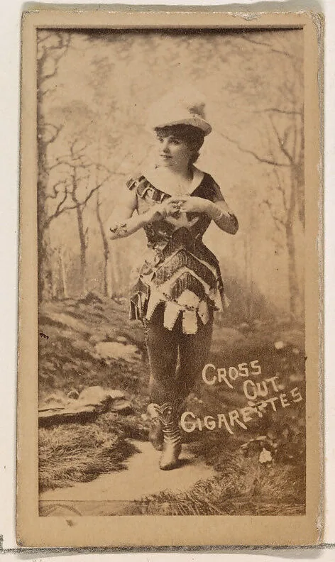 Actress posing in studio forest scene, from the Actors and Actresses series (N145-1) issued by Duke Sons & Co. to promote Cross Cut Cigarettes — W. Duke, Sons & Co.