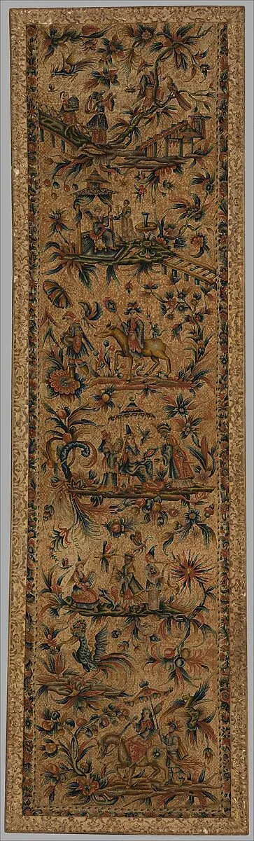 Embroidered panel with chinoiserie scenes — Unknown
