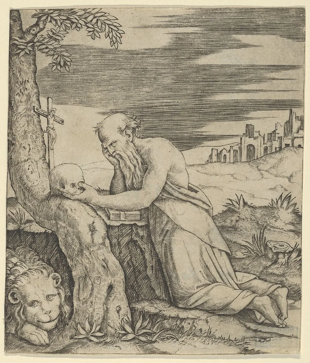 St Jerome kneeling before a crucifix, a skull in his left hand, a lion laying at the left — Marcantonio Raimondi