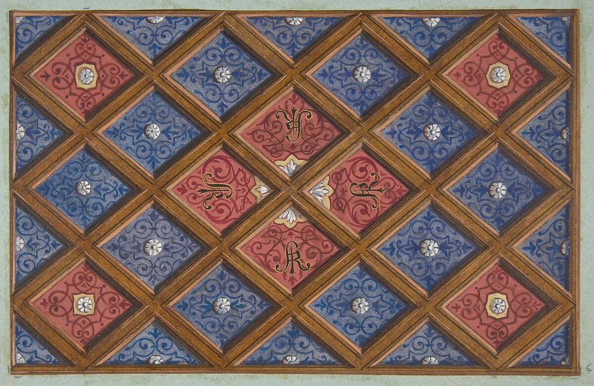 Design for a coffered ceiling with painted initials: SRI (?) — Jules-Edmond-Charles Lachaise|Eugène-Pierre Gourdet