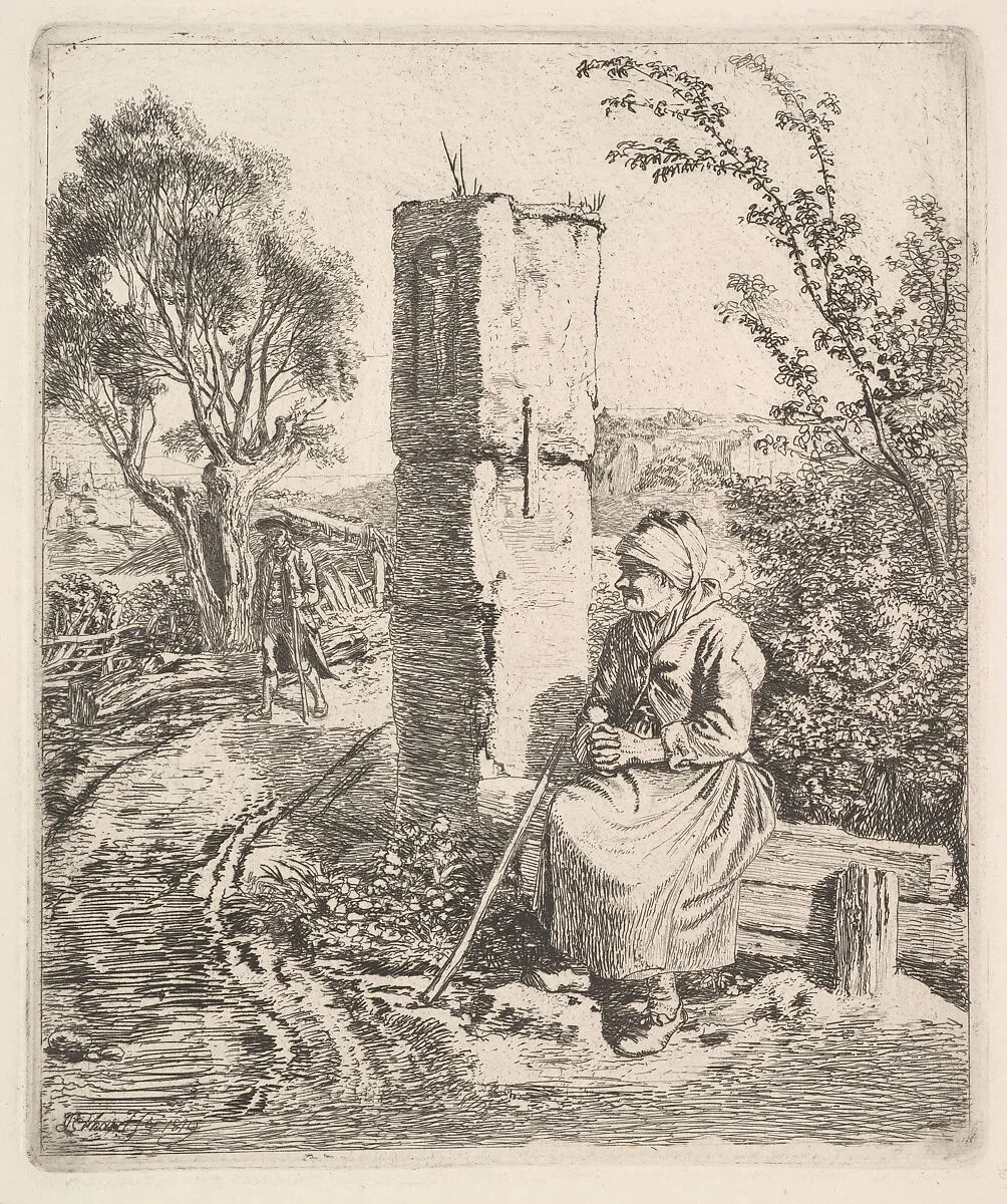 An Old Lady Sitting Near a Pillar at Side of Road — Johann Christoph Erhard