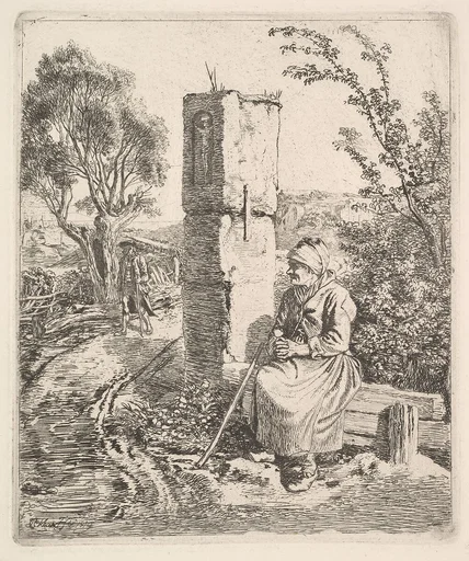 An Old Lady Sitting Near a Pillar at Side of Road