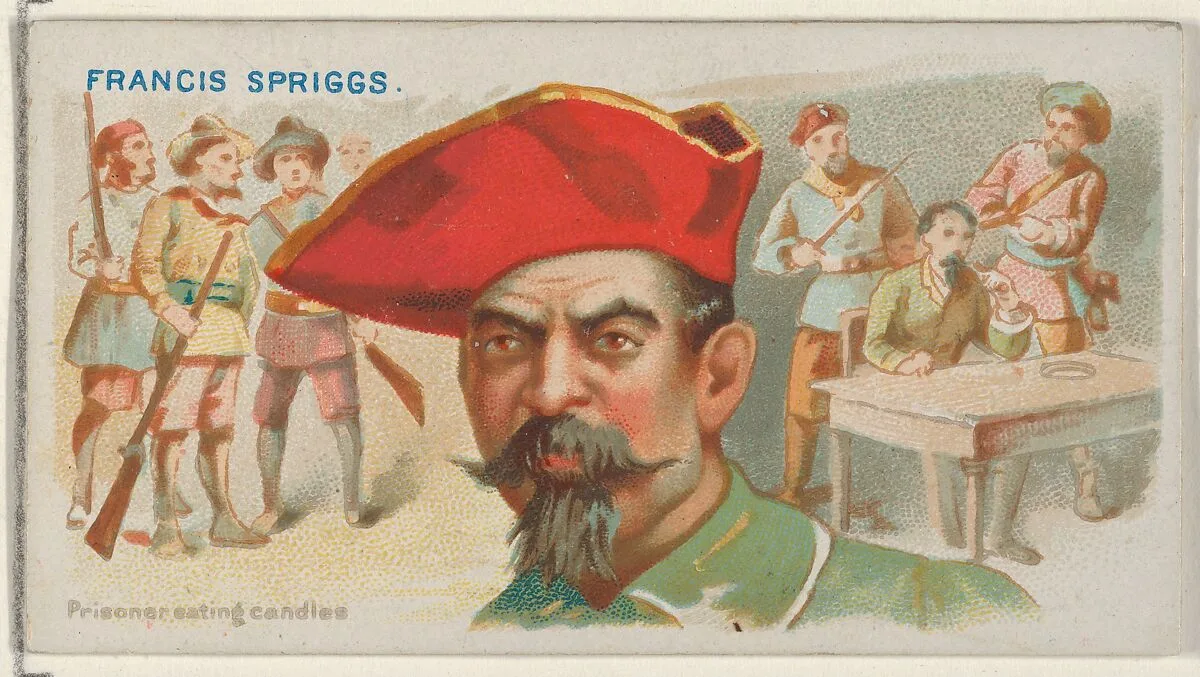 Francis Spriggs, Prisoner Eating Candles, from the Pirates of the Spanish Main series (N19) for Allen & Ginter Cigarettes — George S. Harris & Sons|Allen & Ginter