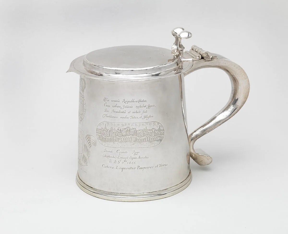 Tankard engraved with scenes of the Great Plague and the Great Fire of London — I N