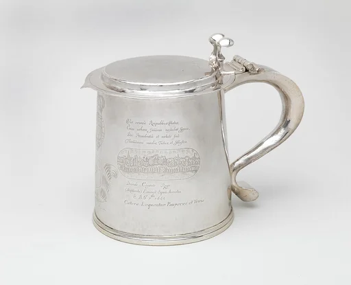 Tankard engraved with scenes of the Great Plague and the Great Fire of London