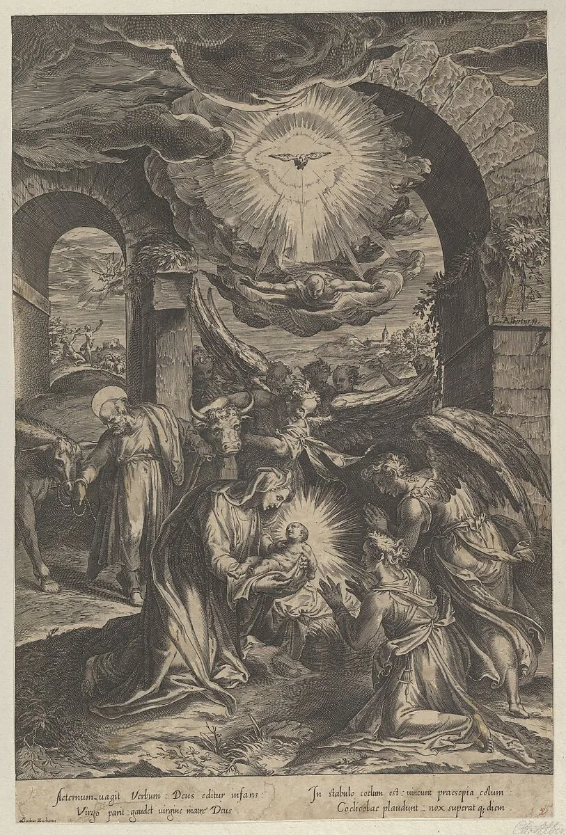 The Birth of Christ, who is held by the Virgin against a penumbra of light, adoring angels, and Joseph leading a donkey at left — Cherubino Alberti (Zaccaria Mattia)|Taddeo Zuccaro