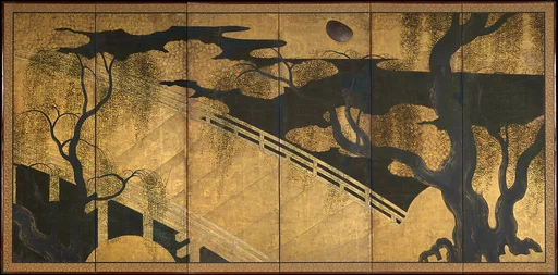 柳橋水車図屏風|Willows and Bridge