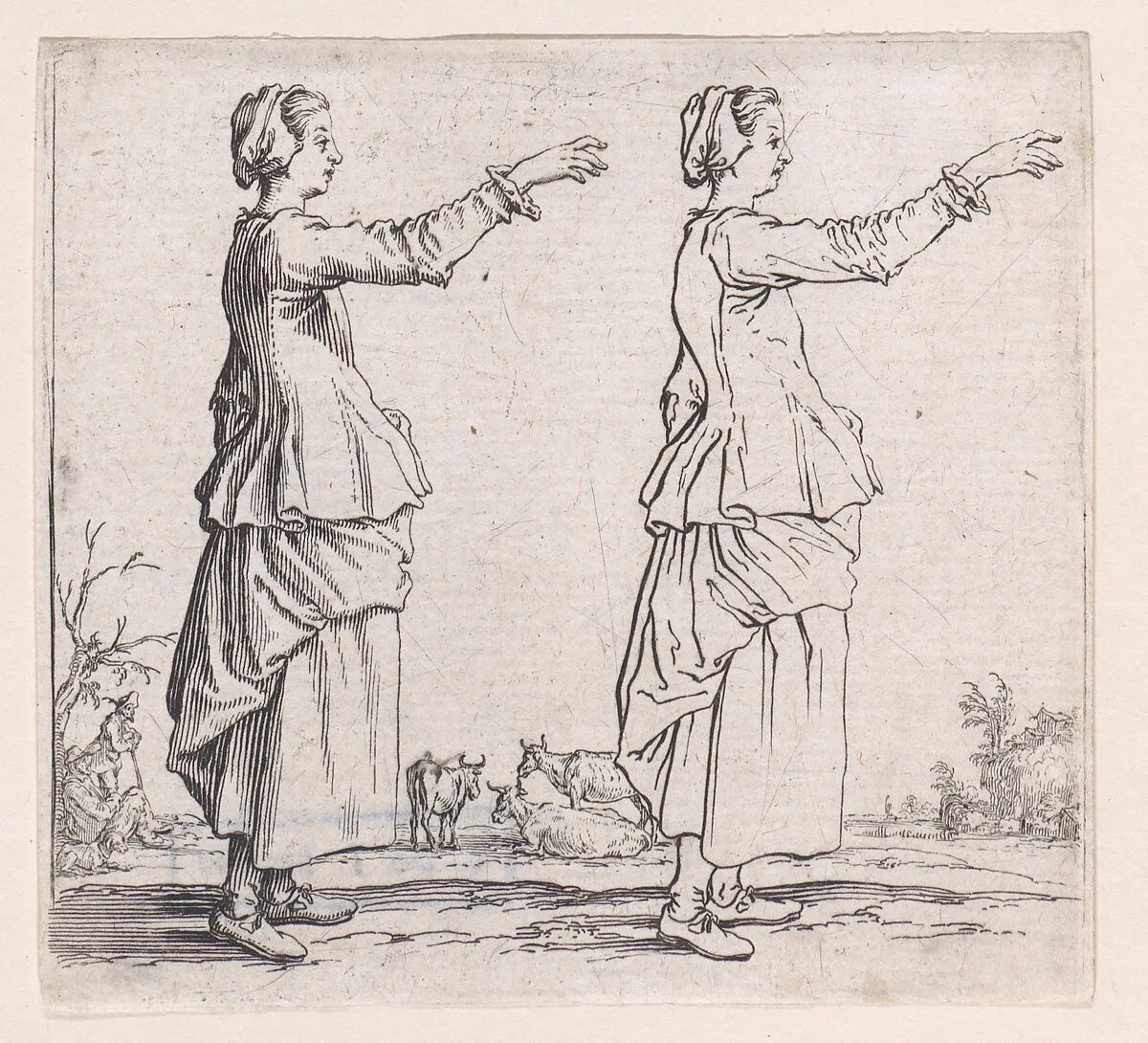 La Paysanne Tournée a Droite, la Main Tendue en Avant (The Peasant Woman Turned to the Right, her Hand Extended Forward), from Varie Figure (Various Figures) — Jacques Callot