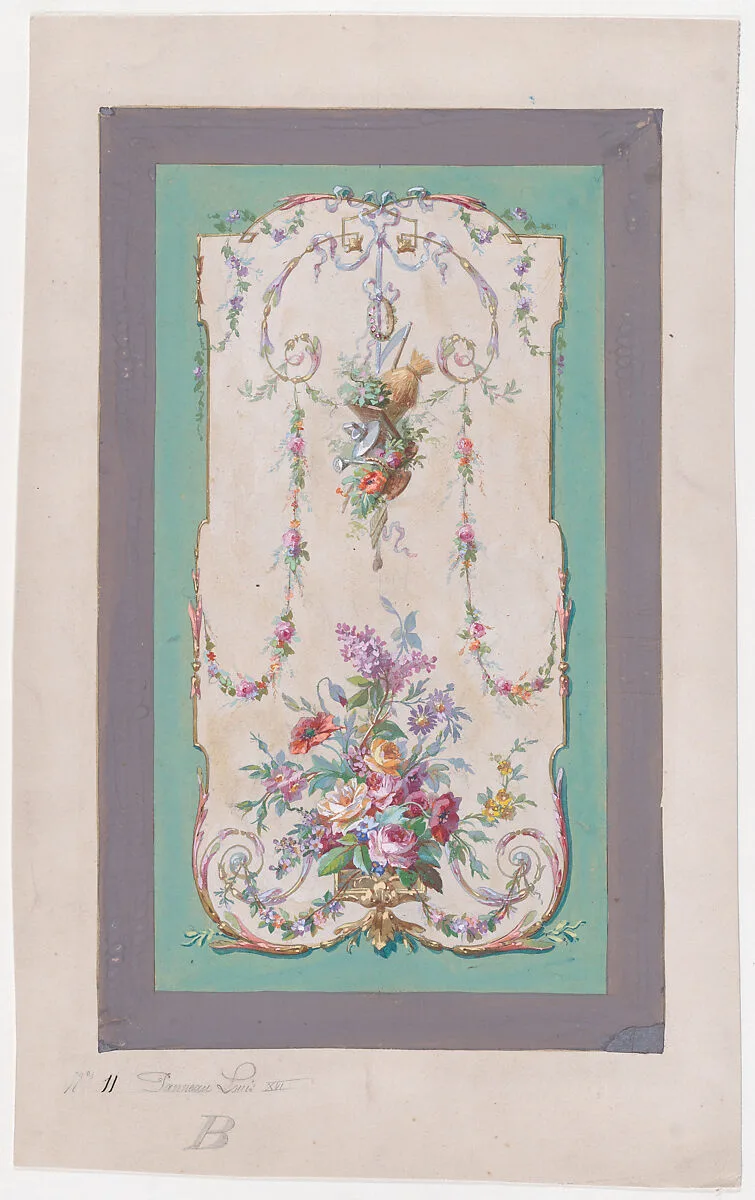 Design for a Panel with a Large Bundle of Flowers and Leaves and a Hanging Thin Bundle Containing Gardening Tools Inside an Ornamental Frame Decorated with Thin Garlands of Flowers and Leaves — Anonymous, French, 19th century