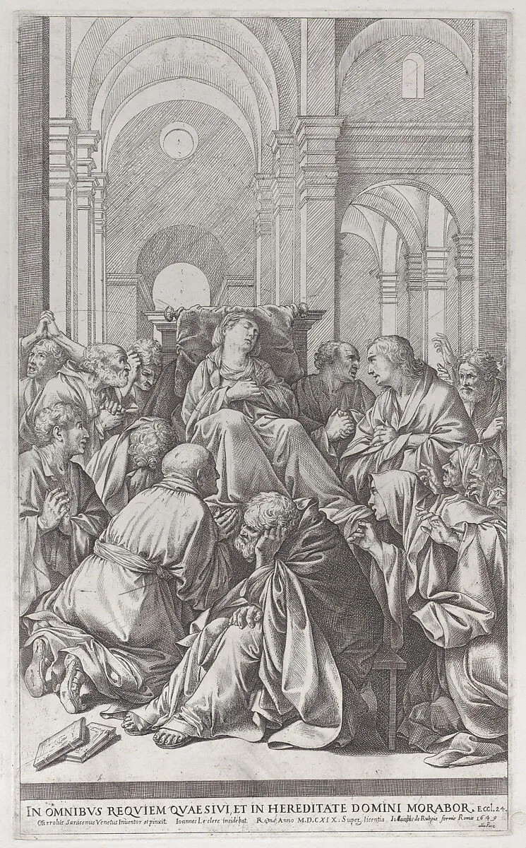 Death of the Virgin, lying on a chair at center, surrounded by Apostles, inside a temple — Jean Le Clerc|Giovanni Giacomo De Rossi|Carlo Saraceni