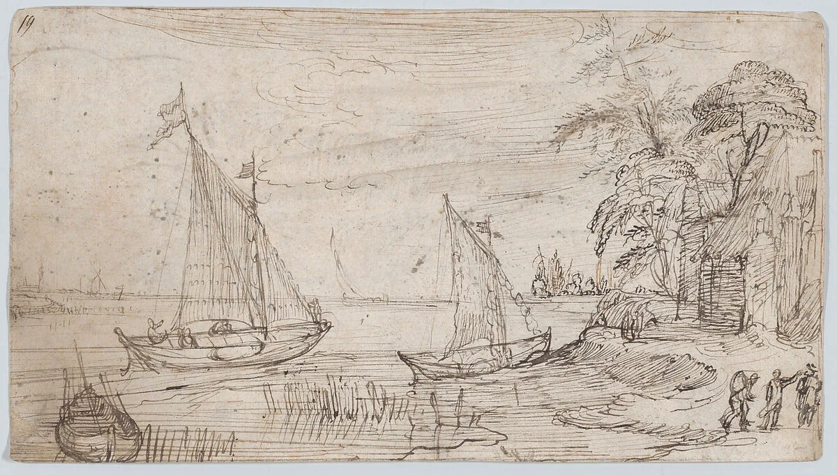 Riverscape with Two Sailboats and Several Figures; verso: A Mountainous Landscape near a River with a Horse-Drawn Barge and Several Figures — Cornelis Claesz. van Wieringen