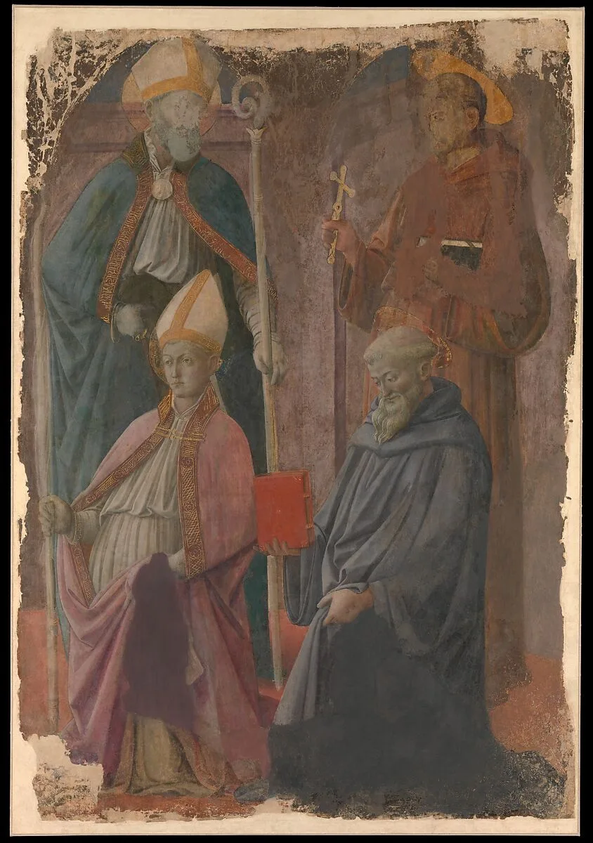 Saints Augustine and Francis, a Bishop Saint, and Saint Benedict — Fra Filippo Lippi