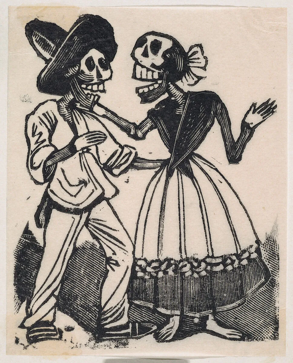 A skeleton in farming clothes speaking to a skeleton in a dress, from a broaside entitled 'La Calavera de Cupido', published by Antonio Vanegas Arroyo. — José Guadalupe Posada