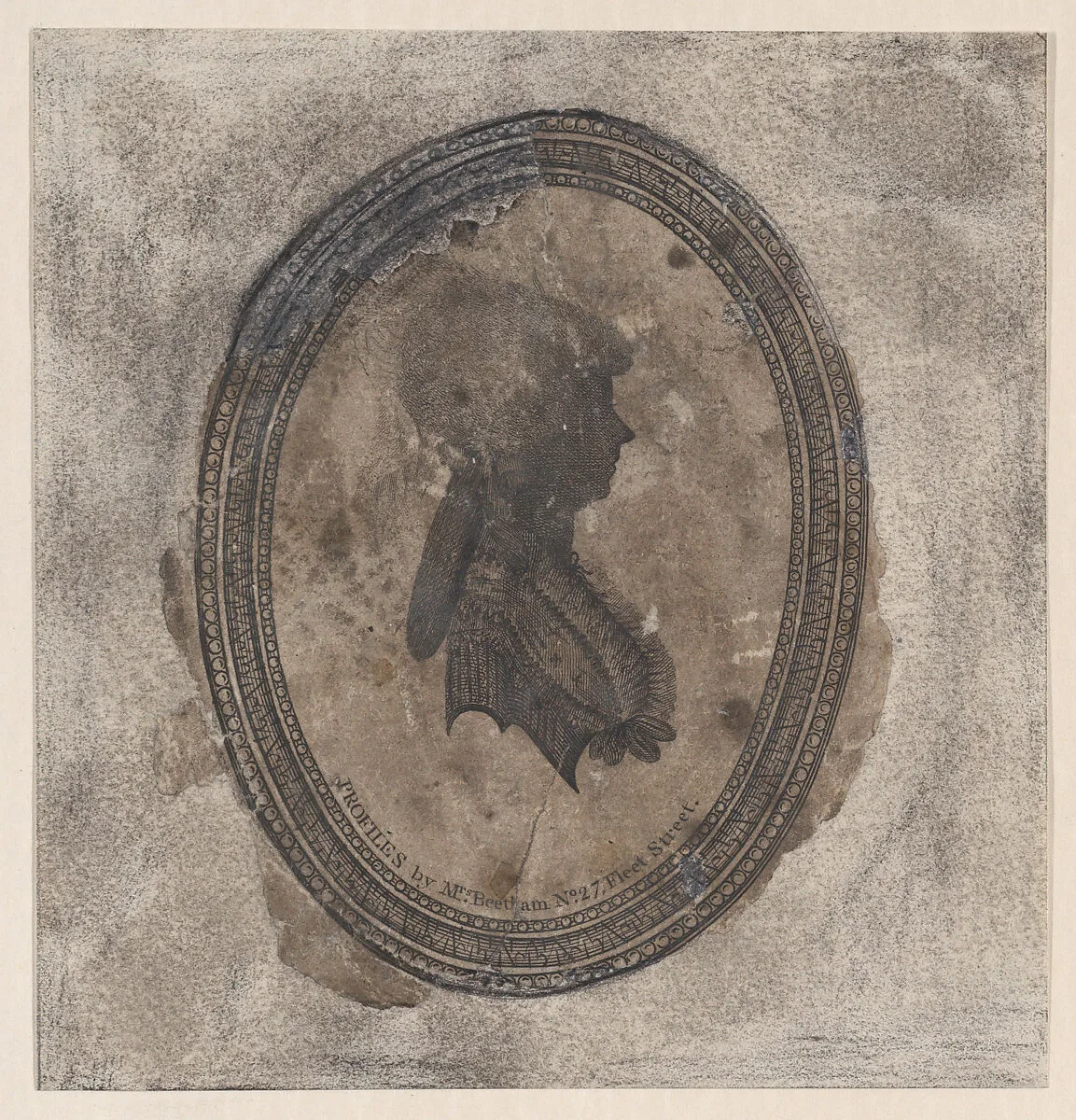 Silhouette of a young woman facing right in an oval frame — Isabella Beetham