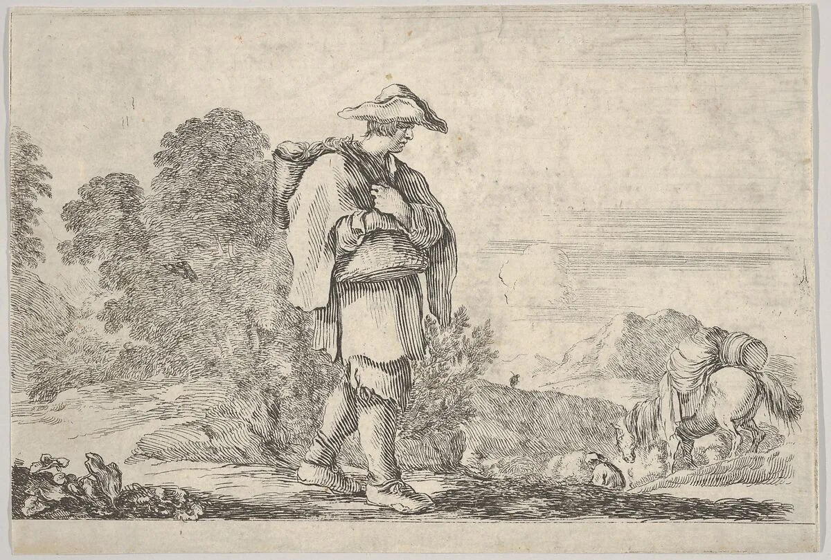 Plate 11: a peasant wearing a hat at center, walking towards the right, a horse descending a mountain to right in the background, trees to left in the background, from 'Twelve Landscapes' (Suite de douze paysages) — Stefano della Bella