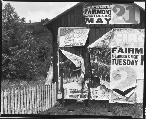 [Barn with Torn Advertisements for the Hagenbeck & Wallace Circus, Monongalia County, West Virginia]