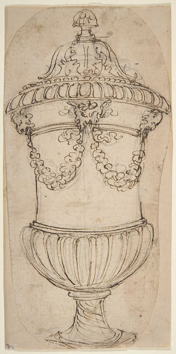 Design for a Lidded Gadrooned Vase with Satyr Heads Holding Garlands — Giovanni Battista Foggini