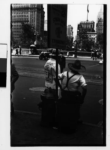 [Two 35mm Film Frames: Straw Hat Salesmen with Sandwich Board Advertisements, Union Square West?, New York City]