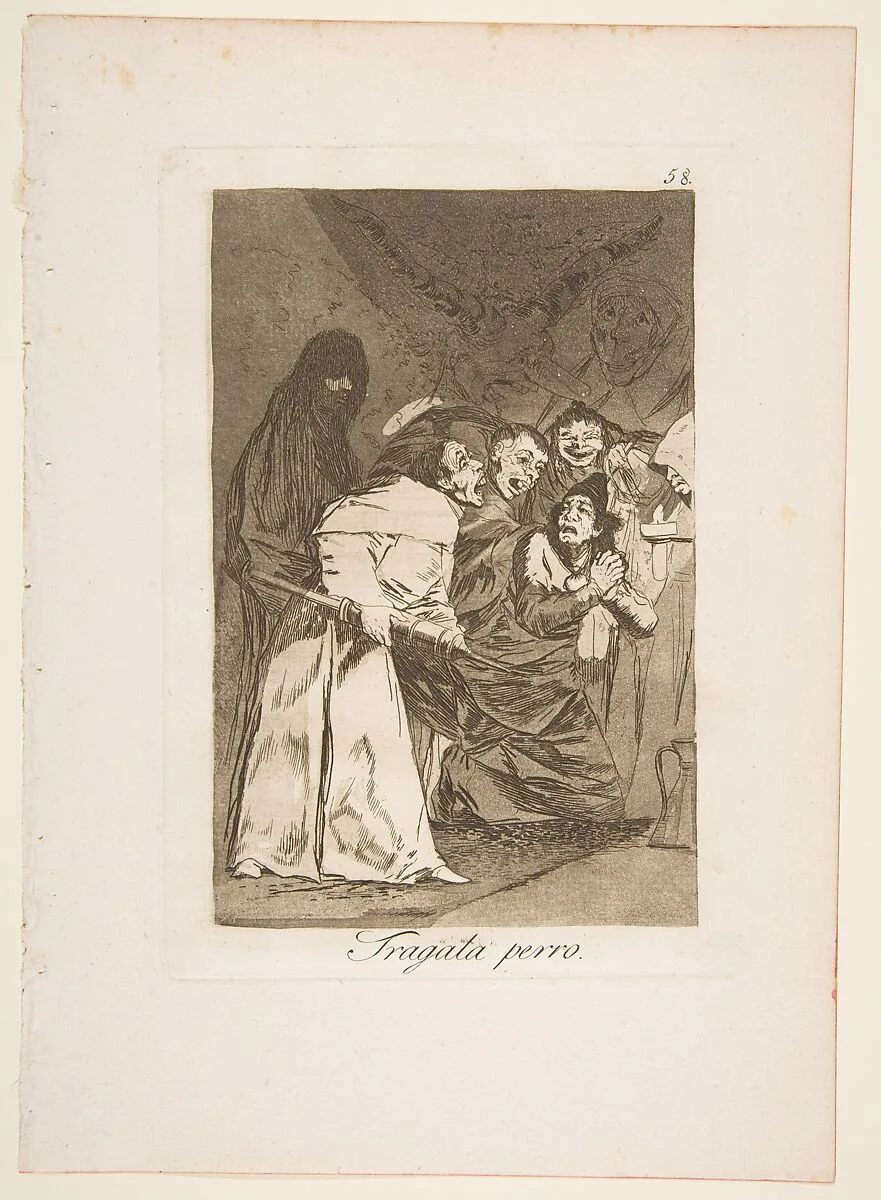 Plate 58 from "Los Caprichos": Swallow it, dog (Tragala perro) — Goya (Francisco de Goya y Lucientes)