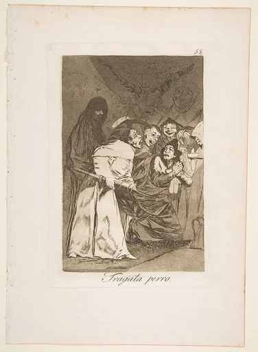 Plate 58 from "Los Caprichos": Swallow it, dog (Tragala perro)