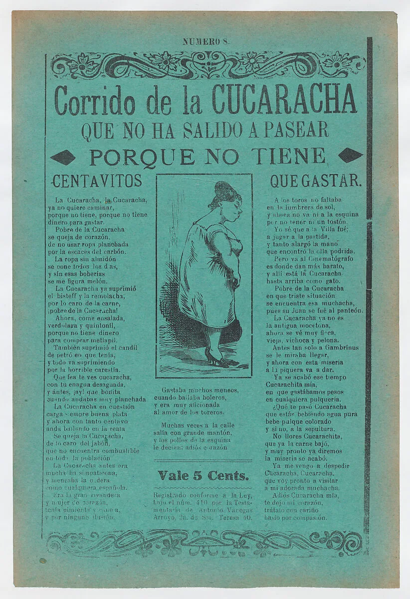 Broadsheet with a ballad about camp life hardships for women, profile of a woman looking downcast wearing a slip and heels — José Guadalupe Posada|Antonio Vanegas Arroyo