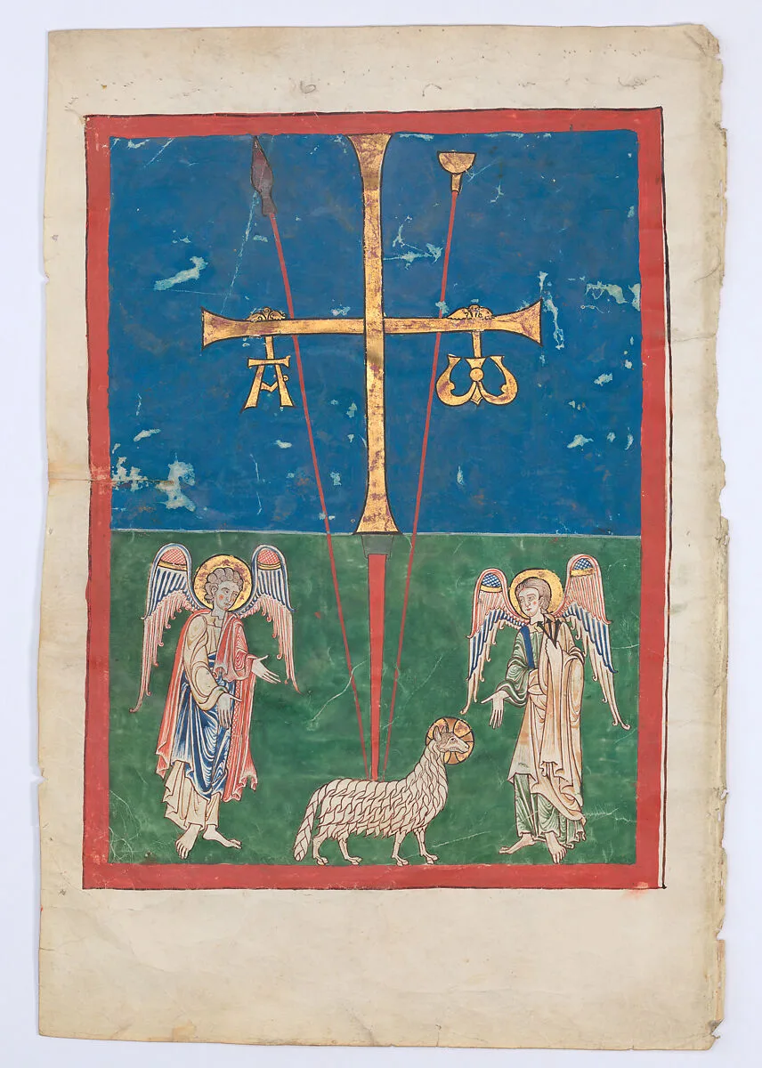 Leaf from a Beatus Manuscript: the Lamb at the Foot of the Cross, Flanked by Two Angels; The Calling of Saint John with the Enthroned Christ flanked by Angels and a Man Holding a Book — Unknown