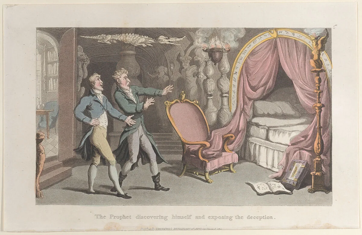 The Prophet discovering himself and exposing the deception, from "Journal of Sentimental Travels in the Southern Provinces of France, Shortly Before the Revolution" — Thomas Rowlandson|William Combe|J. Diggens|Rudolph Ackermann, London