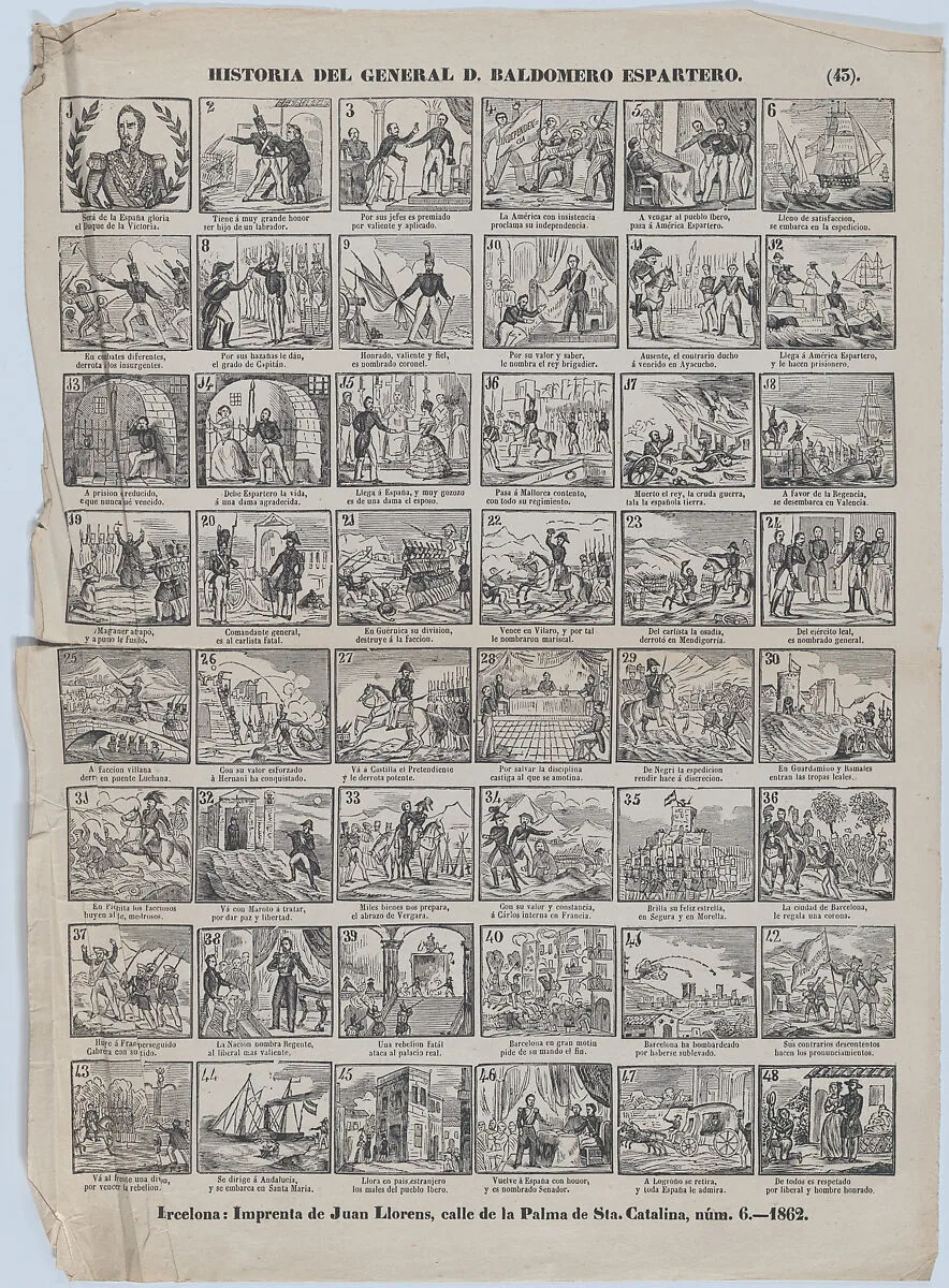 Broadside with 48 scenes relating to the life of General D. Baldomero Espartero — Juan Llorens