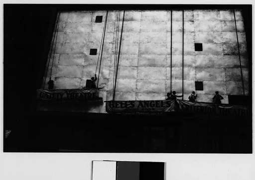 [Workers Hanging Outdoor Advertisement Banners for "Hell's Angels", New York City]