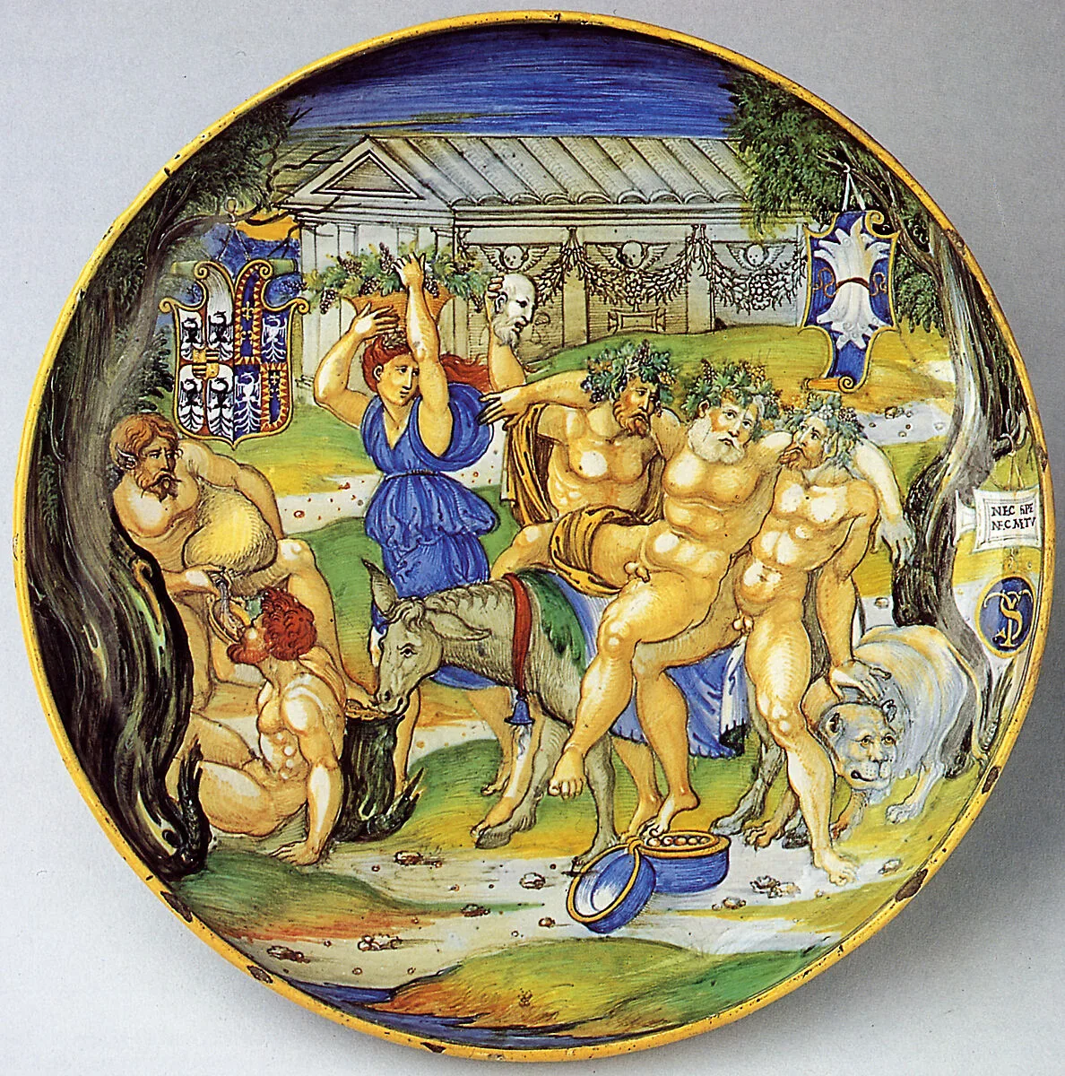 Armorial Plate: Silenus on an ass, supported by Bacchic revelers — Nicola da Urbino